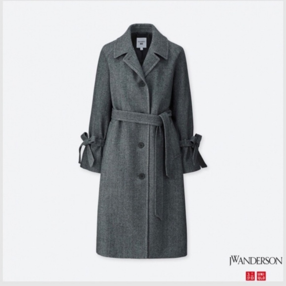 NWT Uniqlo x JW Anderson Gray Tweed Coat with Bow Ties Size M